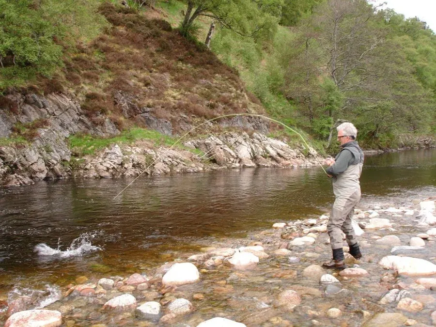 An angler bends his rod playing a salmon in the Bridge pool at Drynachan on the River Findhorn