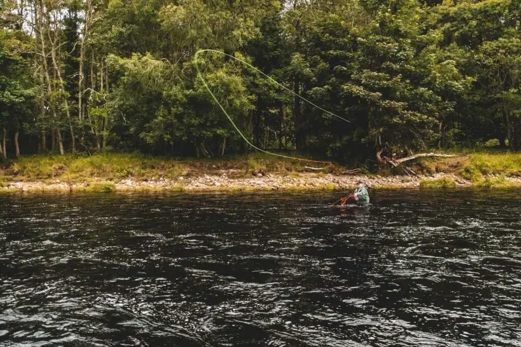 An angler wades in a river executing a Spey cast with looping line against wooded banks
