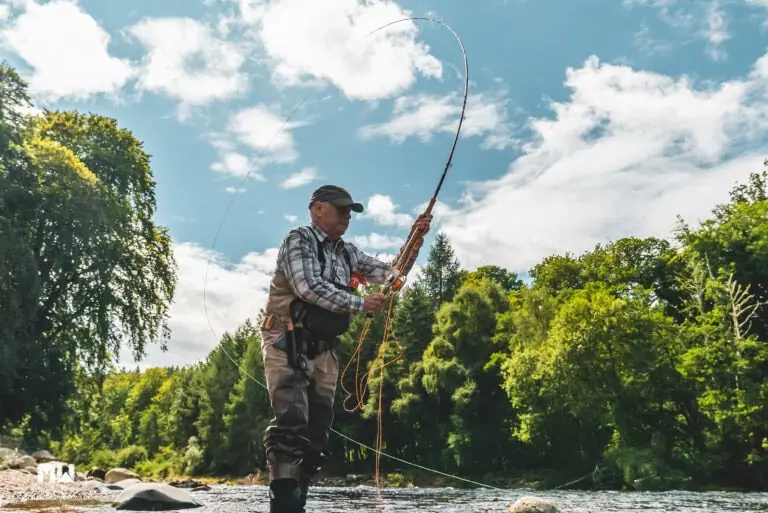 An angler Spey casting from a river in waders beneath a bright summer sky lined with trees