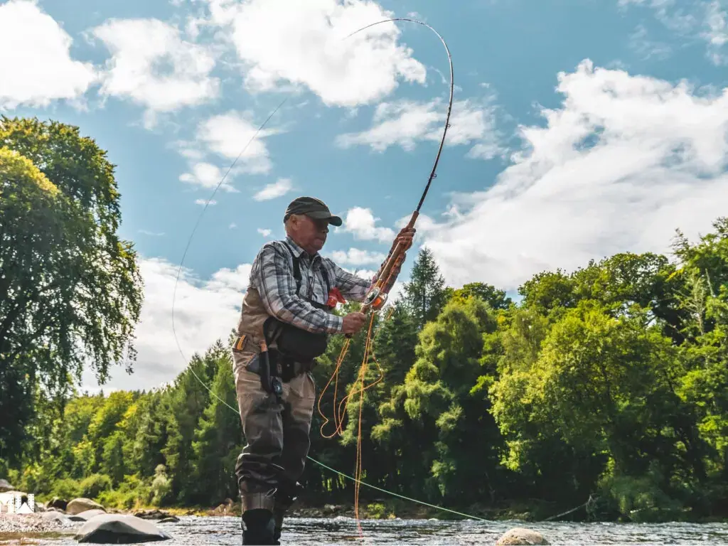An angler in waders casts a fly rod on a tree-lined river in bright summer sunshine