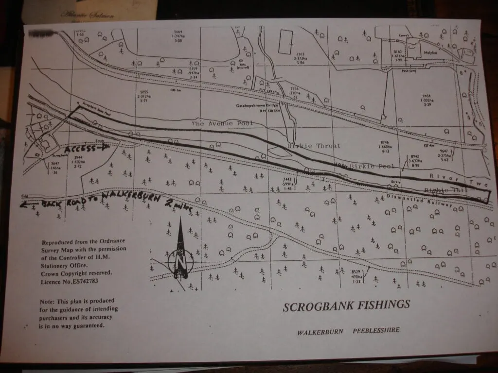 An old Ordnance Survey beat map showing Scrogbank Fishings pools on the River Tweed at Walkerburn