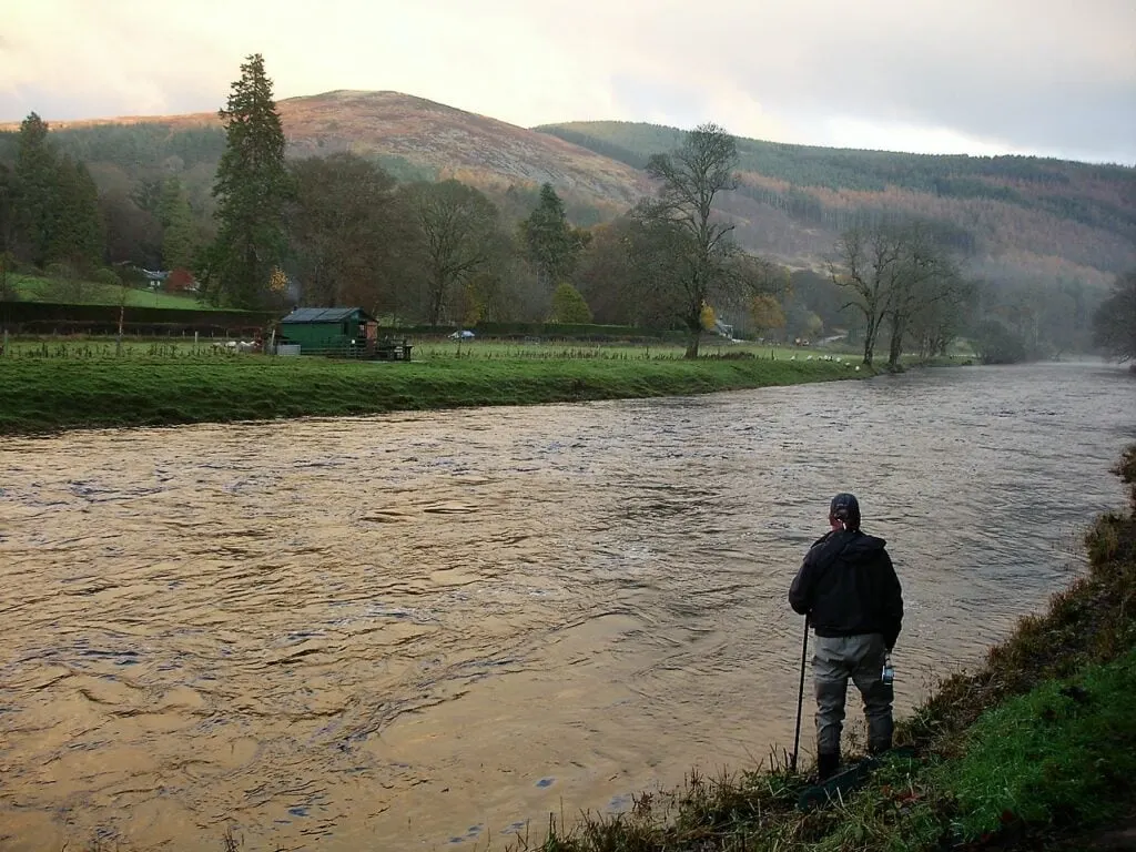An angler surveys the Birkie Pool on Scrogbank beat of the Tweed on a misty autumn morning