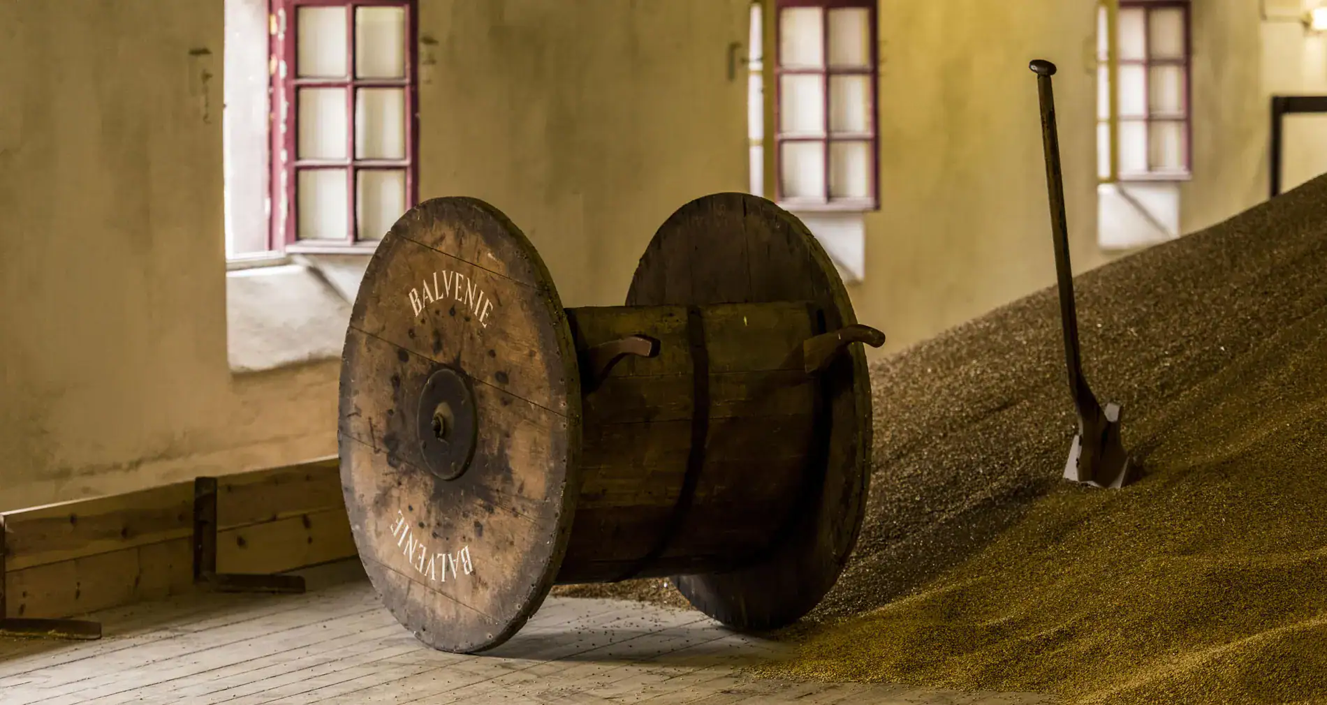 A wooden barley turner beside a malting floor heap at Balvenie Distillery