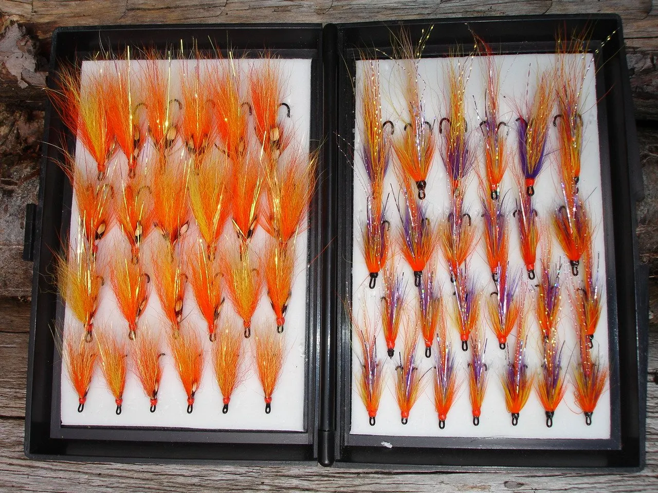 Box of salmon flies available for guided fishing guests