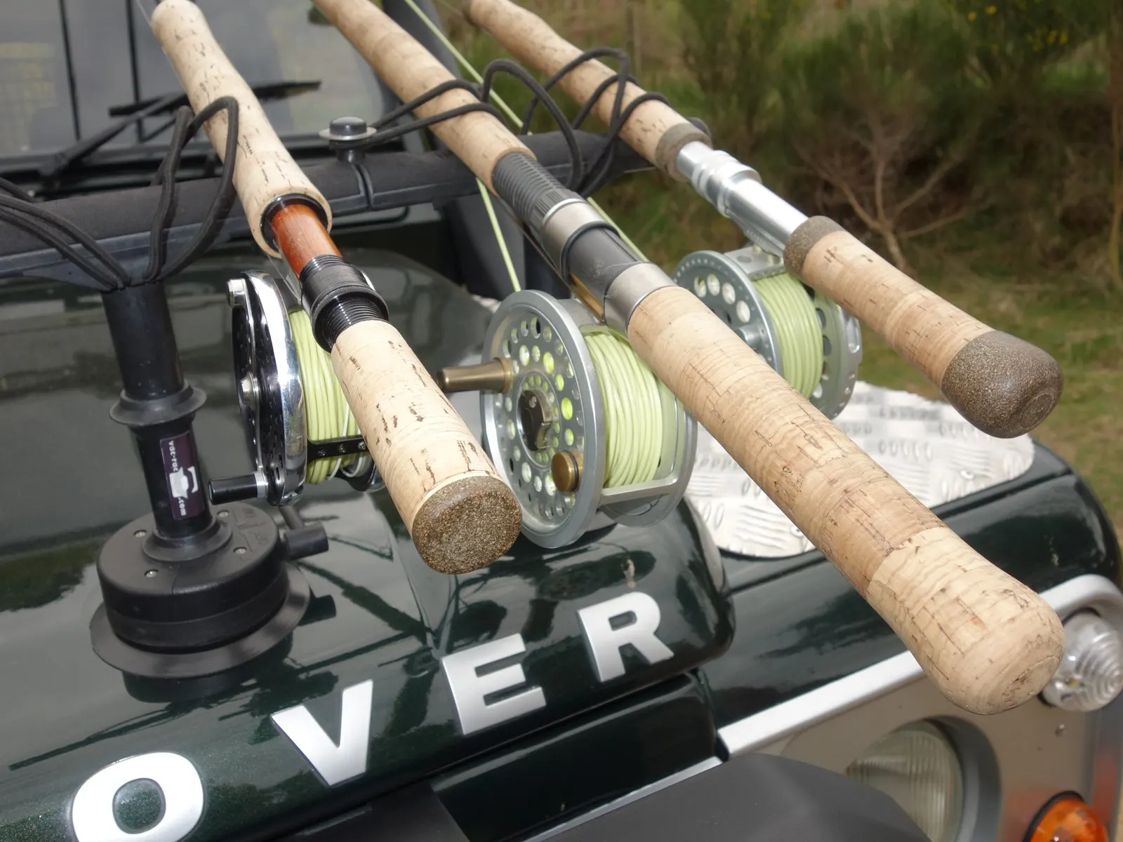 Double handed Spey rods and reels ready for a day on the river
